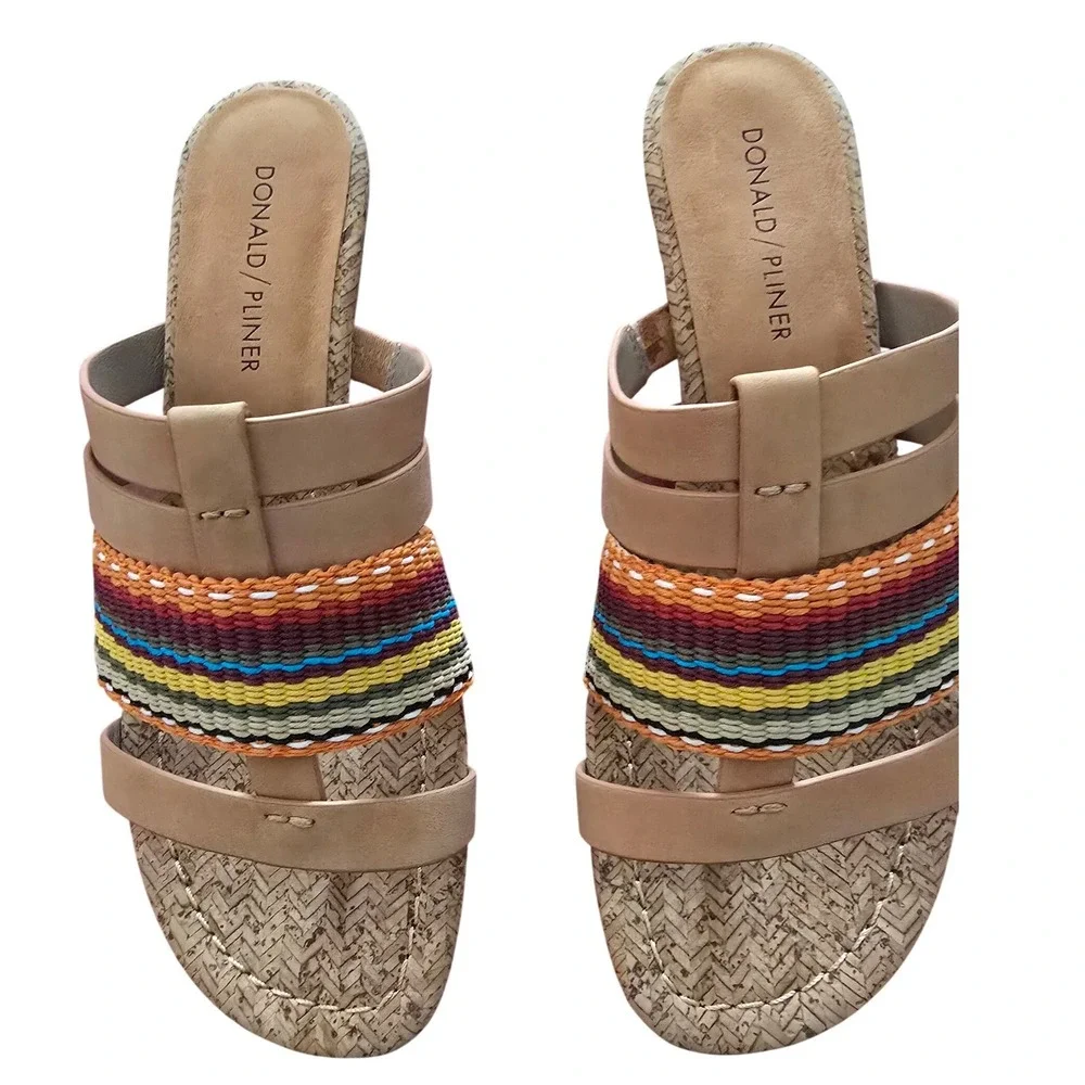Donald Pliner Womens 7.5M Tan Multi Color Woven Leather Cork Wedge Sandals Italy